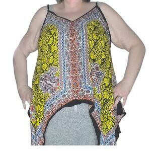 Boho Patchwork Sharkbite Hem Tank Top Flowy Festival Cami Cassee's Size 1X Rayon